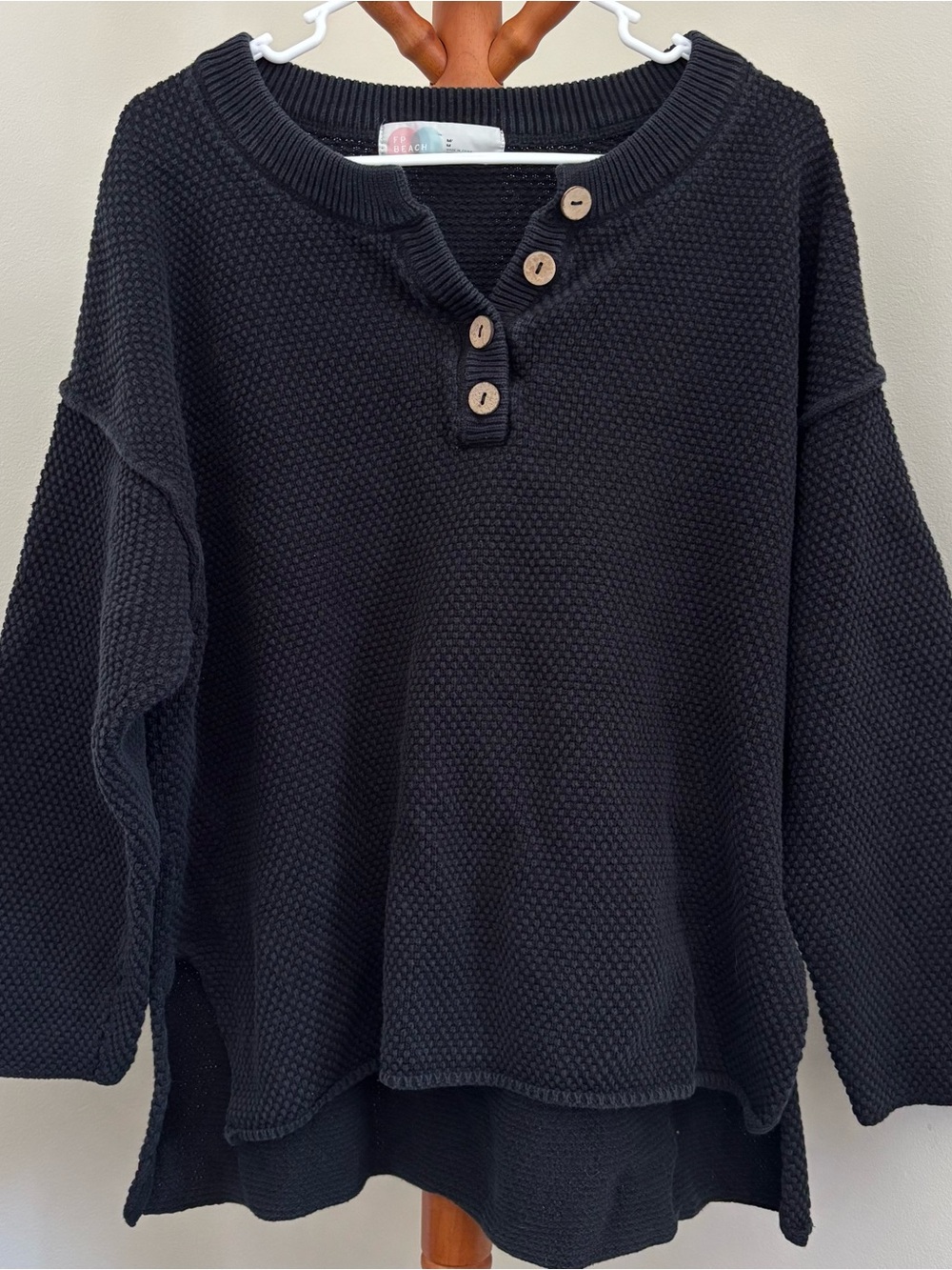 Free People Black Waffle Knit Button Henley Sweater